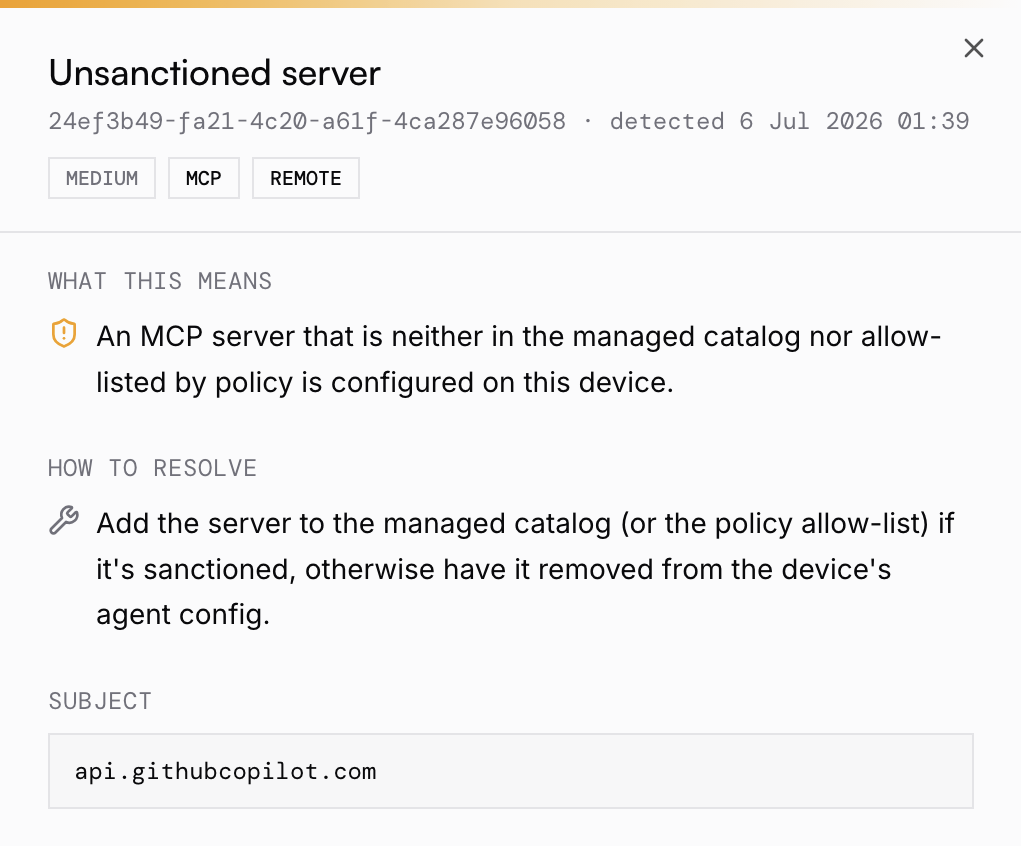 Guardbase flagging an unsanctioned MCP server on a device running Claude Code